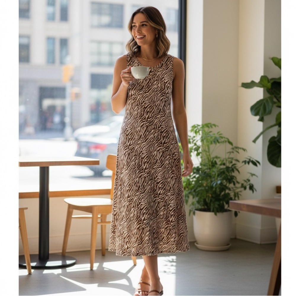 Wayf Sz S Brown White Zebra Tie Back Midi Sleeveless Dress